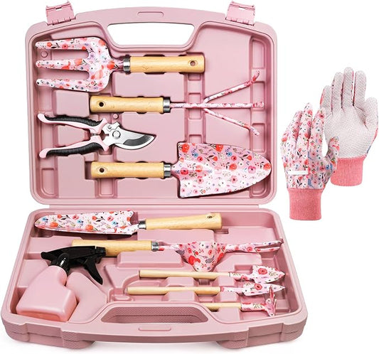 Grenebo 12-Piece Womens Gardening Tools Gift Set, Rust-Proof & Heavy-Duty Garden Tools with Durable Carrying Case, Fashionable & Thoughtful Gardening Gifts for Women&Men (Pink) by Grenebo
