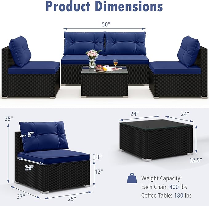 Tangkula 5 Piece Rattan Sofa Set, Outdoor Wicker Furniture Set w/Seat & Back Cushions, Square Coffee Table, Patio Sectional Sofa Set for Backyard, Poolside, Garden (Navy)