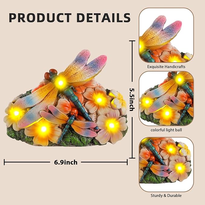 Dragonfly Solar Garden Statues Outdoor Decor5.5"-Waterproof Resin Yard Art with 5 LED Lights,Gradient Wings Figurine for Patio Lawn Porch,Unique Gardening Gifts for Women Mom Grandma Housewarming
