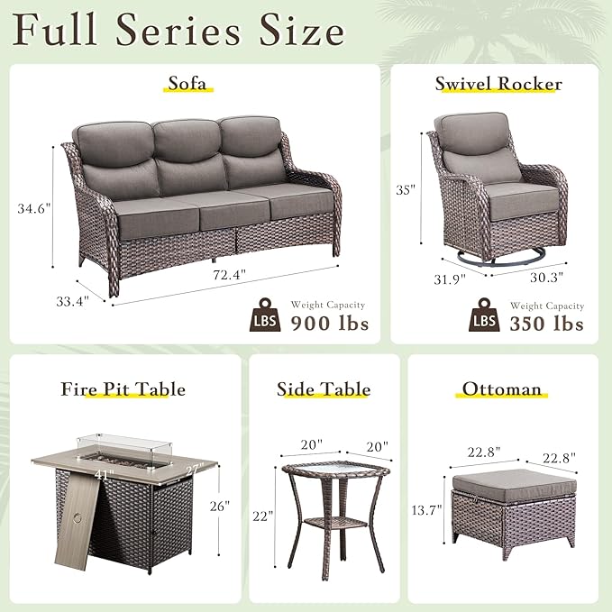 Luxury High Back Outdoor Furniture with 6-inch Extra Thick Cushions, Patio Furniture Set with Fire Pit Table & Swivel Chairs, 7 PCS Wicker Conversation Set for Patio, Yard, Deck, Poolside, Brown/Grey