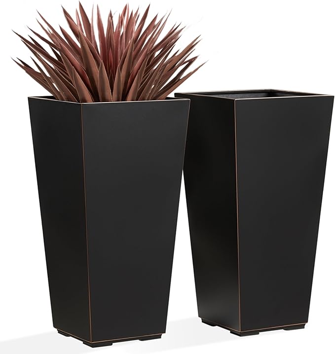 Wallowa Metallic Taper Planter, 26 Inch Tall Tapered Planter for Front Porch, Patio, Deck, Garden Indoor/Outdoor Tree Planters, Set of 2 Black with Copper Hand Brushed Rim