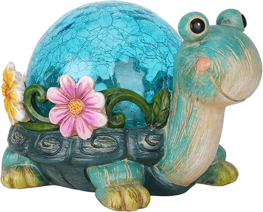 Afirst Solar Garden Statues Outdoor Figurines - Turtle Lawn Ornament with Solar Lights Cracked Glass Outdoor Decor for Patio Yard Decorations