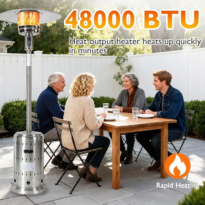 48,000 BTU Propane Patio Heater for Outdoor Use with Wheels and Cover, Stainless Steel Burner for outdoor use, Triple Protection System, Garden Commercial Residential(Silver)