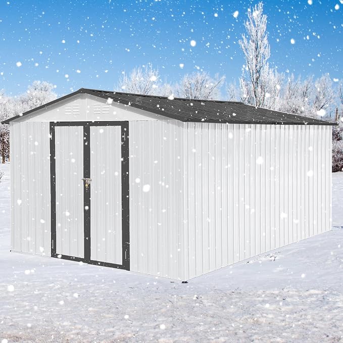 Ball & Cast 10x12 FT Sheds & Outdoor Storage,Metal Aluminum Garden Shed,with Punched Vents,Waterproof Cabinet w/Hinged Door and Padlock,Tool House for Storing Bicycles,Lawnmowers,Barbeques,White+Grey - Image 8