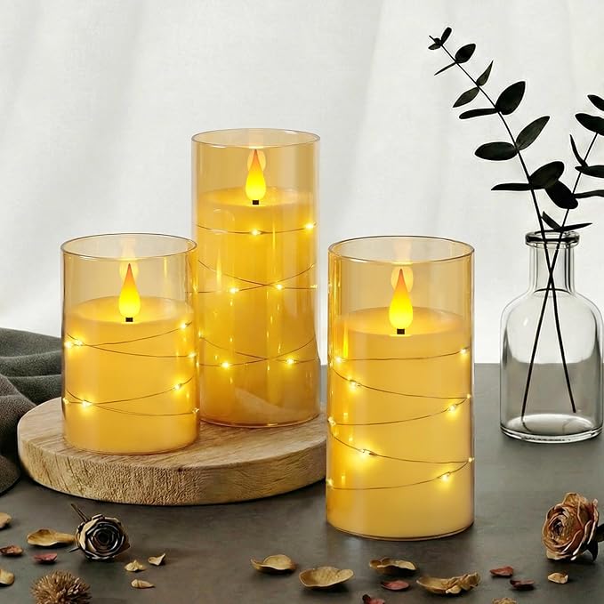 Homemory Flameless Candles with Embedded Star String Fairy Lights, Battery Operated Candles, LED Candle, Fake Candles with Remote Control and Timer, Gold, Set of 3(H 4" 5" 6”)