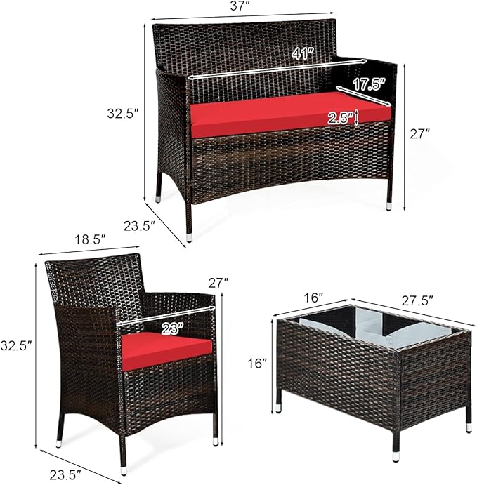 HAPPYGRILL 4PCS Patio Furniture Set Outdoor Rattan Wicker Conversation Set with Cushioned Sofa and Coffee Table for Porch Backyard Garden Poolside
