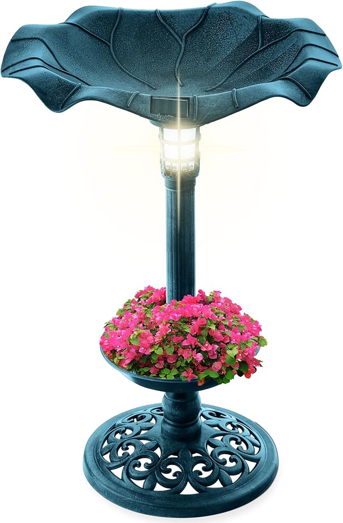 Best Choice Products Outdoor Solar Lighted Pedestal Bird Bath Fountain Decoration w/Planter, Integrated Panel, Scroll Accents for Lawn, Garden - Peacock Blue
