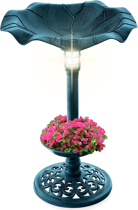 Best Choice Products Outdoor Solar Lighted Pedestal Bird Bath Fountain Decoration w/Planter, Integrated Panel, Scroll Accents for Lawn, Garden - Peacock Blue