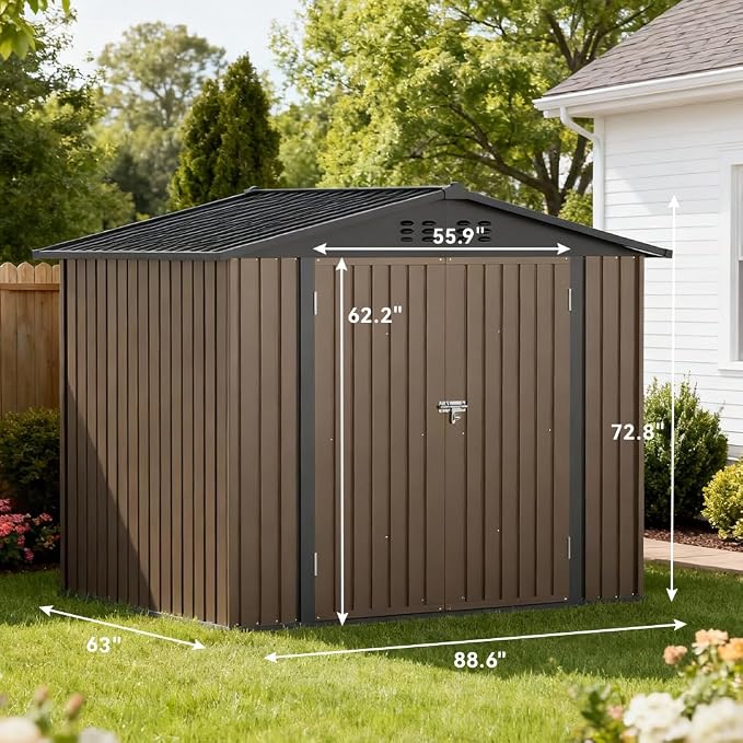 COMHOMA Shed Storage Outdoor Metal Windowed Lockable Weatherproof Ventilated Backyard Garden Utility Workshop(Brown,8'*6') - Image 6