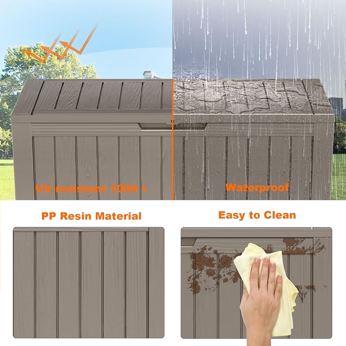 PatioZen 90 Gallon Resin Deck Box, Lockable Patio Outdoor Storage Box for Furniture, Garden Tools and Tools Storage, Waterproof Outside Storage Boxes - Grey - Image 5