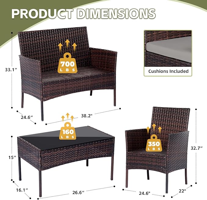 Patio Furniture Set 4 Pieces, Outdoor Rattan Furniture with Tempered Glass Coffee Table, Modern Rattan Patio Chairs Conversation Sets with Sofa for Garden, Terrace, Porch, Lawns Brown/Grey