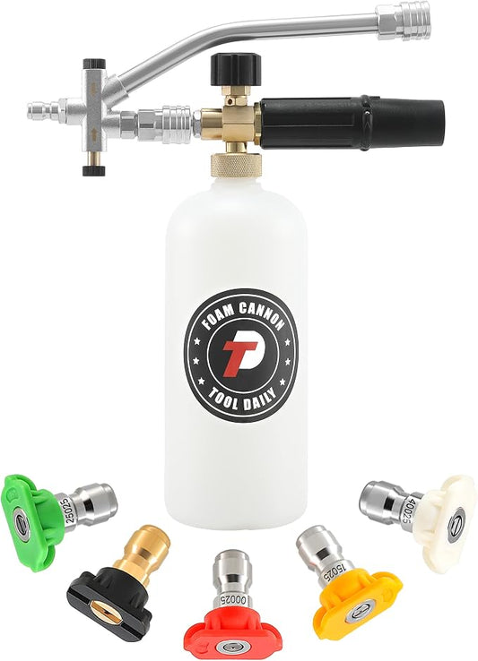 Tool Daily Foam Cannon with Dual Connector Accessory, 1/4 Inch Quick Connector, 5 Pressure Washer Nozzle Tips, 1 Liter by ToolDaily