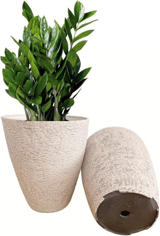 10 inch Garden Planter Lightweight Indoor Outdoor Pots with Drainage Hole for Potted Plants Flowers Greenery, Set of 2 (Beige Grain Texture)