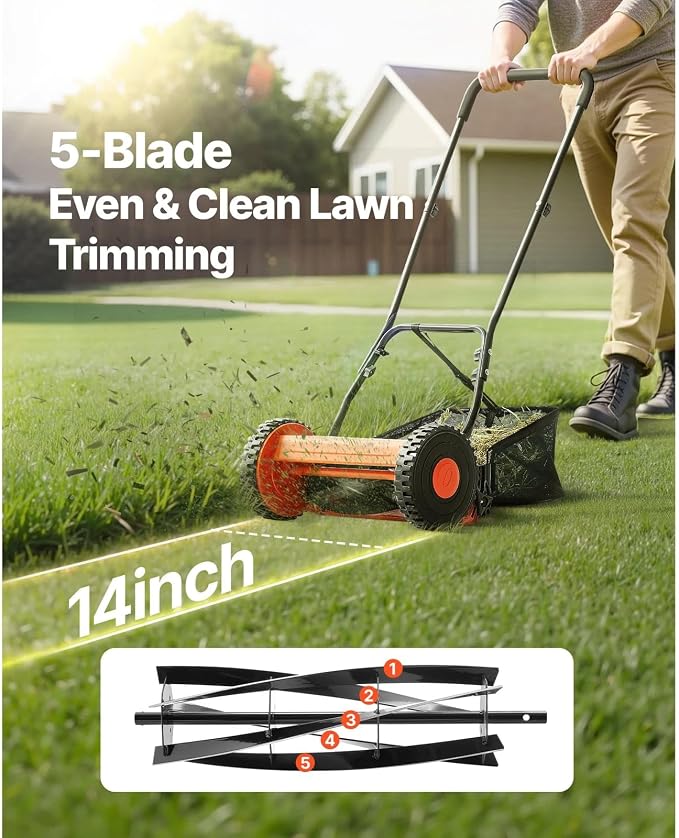 14" Manual Push Reel Lawn Mower 5-Blade Adjustable Height Grass Catcher 2 Wheels - Image 2