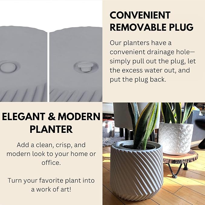 Fox & Fern Large 12 Inch Planter — Premium Polystone Gray Plant Pot with 3D Texture and Drainage Plug - 12 Inch Pots for Plants Indoor - Large Planter for Indoor & Outdoor Plants