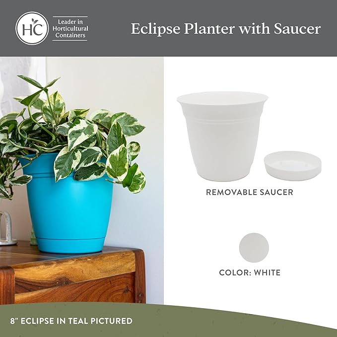 The HC Companies 8 Inch Eclipse Round Planter Pots with Drainage Holes & Attached Saucer, Lightweight UV-Resistant Plastic Indoor & Outdoor Planters, 4-Pack Flower Pots for Garden & Home Decor, White