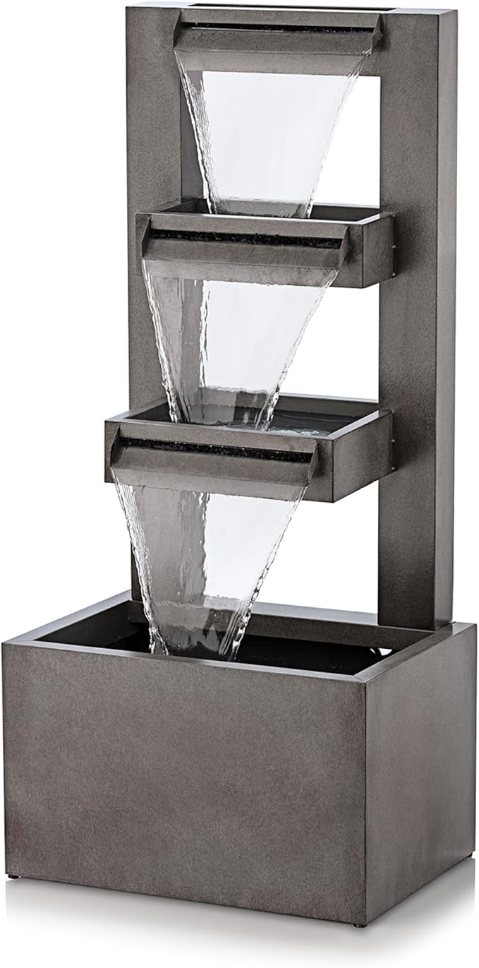 Alpine Corporation 43" Tall Multi-Tier Waterfall Fountain - Industrial Style Water Feature for Garden, Patio, Yard, Backyard, Relaxing Water Flow, and Serene Landscaping, Gray