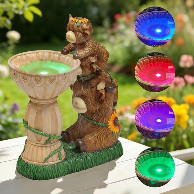Solar Garden Statues Highland Cow Garden Decor Resin Highland Cow Statue with Bird Bath Feeder Light Animal Figurine Outdoor Yard Patio Lawn Decoration Gardening Gifts for Women 9.5 in