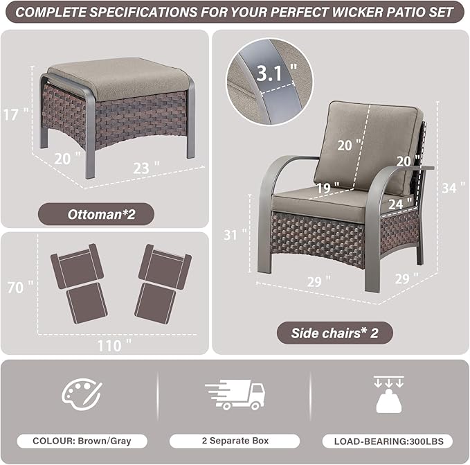 Belord 4 Pieces Wicker Patio Furniture Set Outdoor Patio Chairs with Ottomans All Weather Rattan Outdoor High Back Deep Seating Furniture for Porch Deck Sunroom Backyard