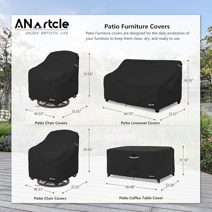 ANartcle Patio Furniture Covers 4 Piece Set, 600D Waterproof Heavy Duty Outdoor Furniture Covers,Fit Wicker Patio Sofa, Swivel Rocker Chair and Coffee Table,Black - Image 2