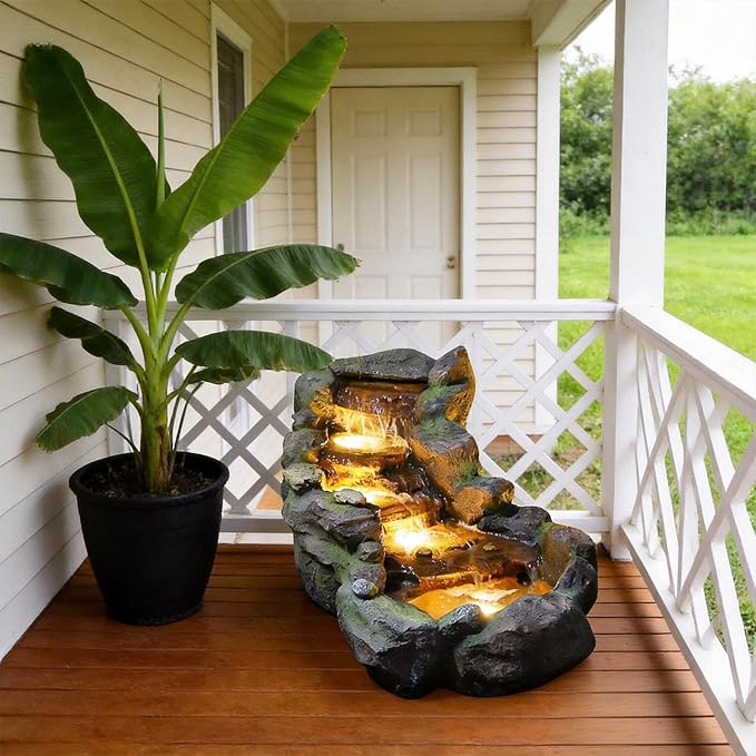 42" L Outdoor Water Fountain with 3 Tiers Cascading Realistic Tree Trunk Waterfall Fountains with LED Lights Outdoor Water Fountain for Garden Patio Backyard Porch Home Decor