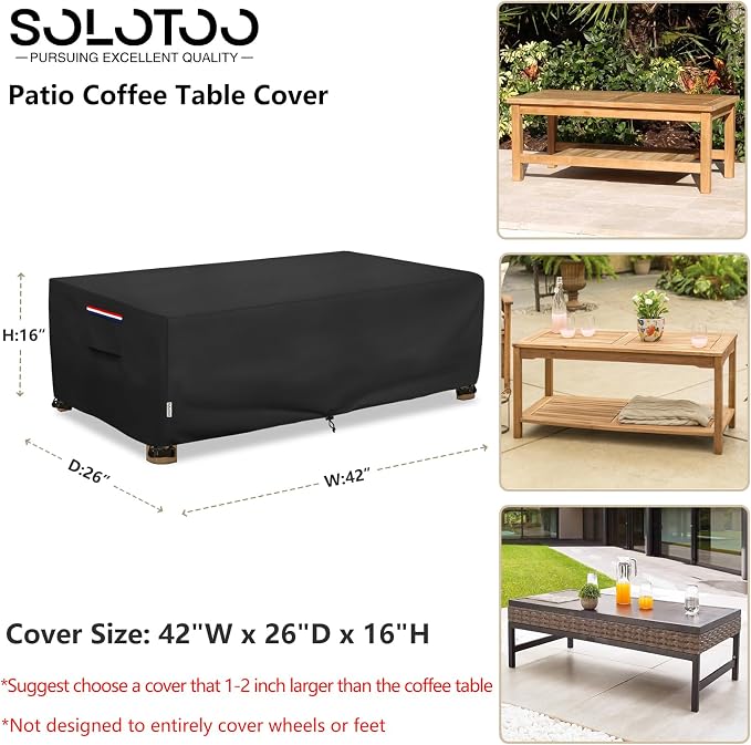 Outdoor Coffee Table Cover Waterproof, Heavy Duty Patio Rectangular Side Table Covers, 42W x 26D x 16H Inches Outdoor Tables Cover (Black) - Image 3