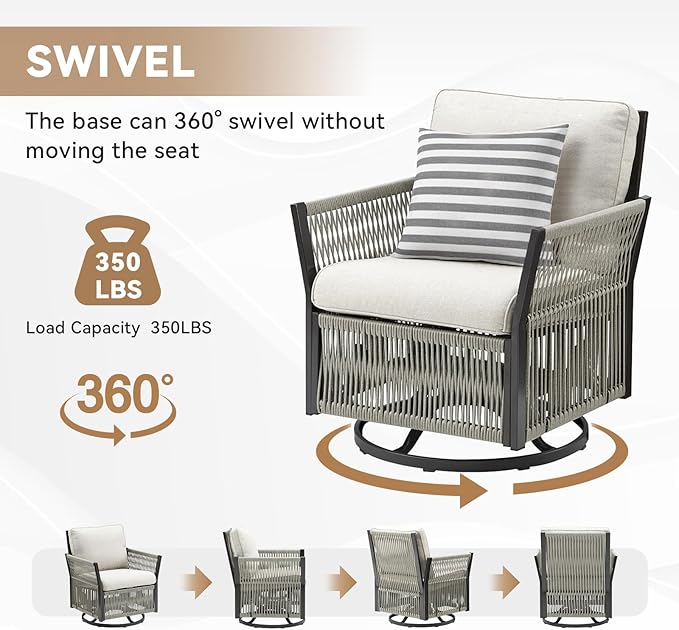 6 Piece Wicker Patio Furniture Set with Side Table, Outdoor Swivel Rocker Chairs Set of 4 with Glass Side Tables Set of 2, Patio Conversation Set for Casual Gathering (Beige)