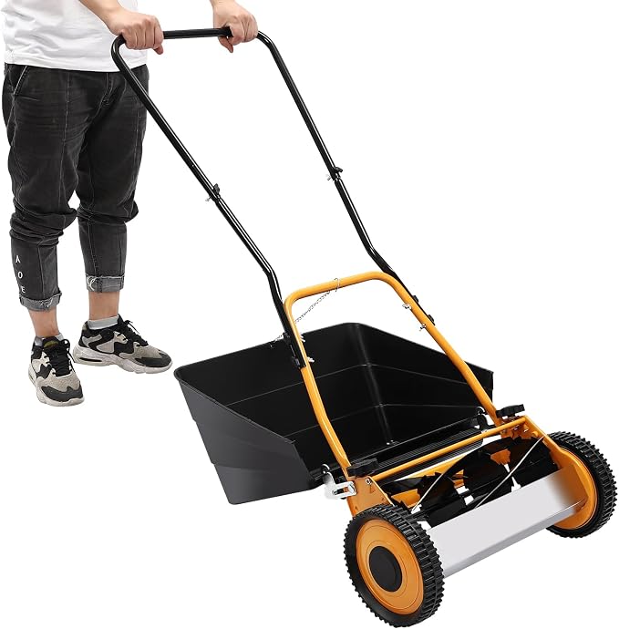 16-Inch Hand-Powered Powerless Lawn Mower, 5-Blade Push Reel Lawn Mower with Removable 7.9-Gallon Grass Catcher Sponge Grip 4-Position Cutting Height Adjustment for Gardens Backyards - Image 6