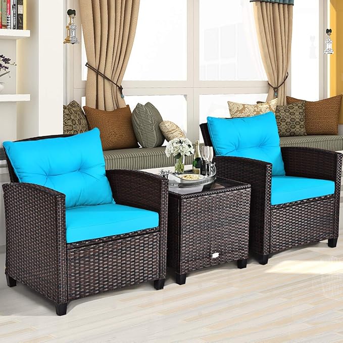KOTEK 3 Piece Patio Furniture Set, Outdoor Conversation Set with Washable Cushions & Tempered Glass Tabletop, PE Rattan Wicker Bistro Set for Porch, Garden, Balcony (Turquoise)