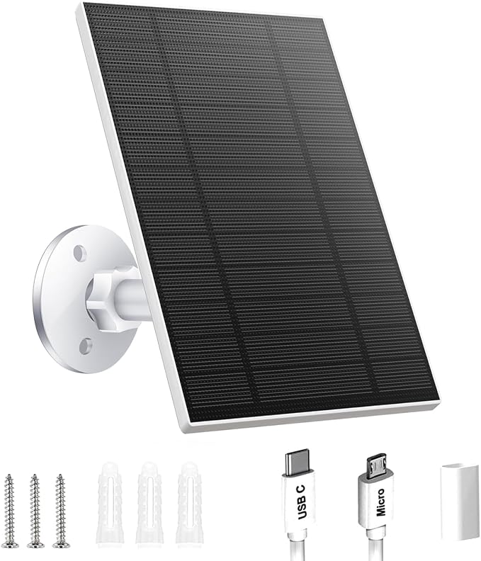 5W Solar Panel for Security Camera, Solar Panel with Micro USB & USB-C Port for DC 5V Outdoor Rechargeable Battery Camera, IP65 Waterproof, 360?? Adjustable Security Mount, 9.8ft Cable(White 1PC) by Catgod