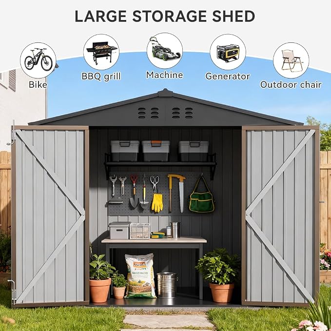 COMHOMA Shed Storage Outdoor Metal Windowed Lockable Weatherproof Ventilated Backyard Garden Utility Workshop(Brown,8'*6') - Image 3