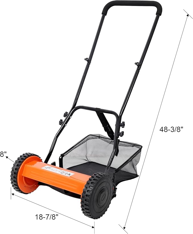 14'' 5-Blade Push Reel Lawn Mower with Grass Catcher, Manual Reel Mower with Adjustable Cutting Height 0.6-1.8'' Eco-Friendly Hand Push Cylinder Mower for Small Yards Orange - Image 6