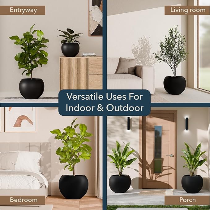 9.7" H x 12" D Premium Globo Fiberstone Round Planter with Drainage Hole, Smooth Finishes, Weather Resistant for Indoor and Outdoor Use, Included 2 Extra Coco Mats (Black, 7.8" Pot Opening)