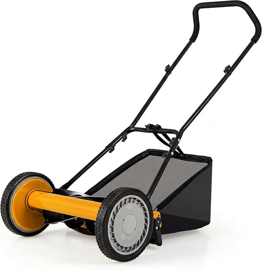 16" Manual Rear Mower, Push Lawn Mower with 5 Steel Blades, Adjustable Cutting Heights & Grass Catcher Bag, Walk-Behind Grass Cutter Lawn Sweeper for Garden, Park & Yard (Orange) by TOOLSEMPRE