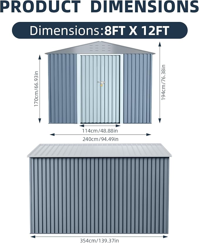 8X12FT Outdoor Metal Storage Shed, Lockable Weatherproof Garden Shed for Tools & Equipment, Durable Galvanized Steel with Sloping Roof & Ventilation, Ideal for Backyard, Patio & Garage Storage, Grey - Image 2
