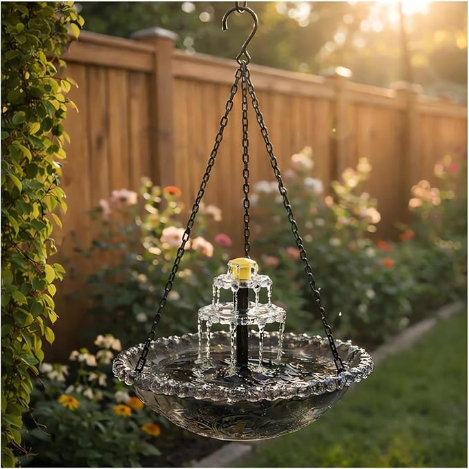 2026 Solar Cascade Hanging Bird Bath Fountain Solar Powered Birdbath Water Fountain Pumps Dispenser Outdoors Decor Hummingbird Bath Shower Bowl Kit Garden Gift Yard Patio Backyard Decoration (Gray)