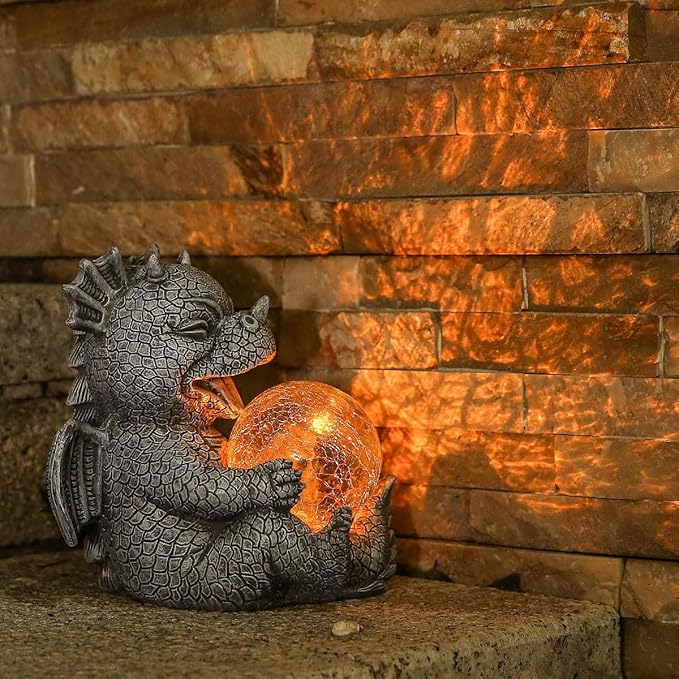 Solar Powered Garden Dragon Statue with Glowing Glass Ball - Outdoor Decoration, Automatic Dusk to Dawn, Weather Resistant Sculpture for Gardens, courtyards, and terraces - Unique Gift