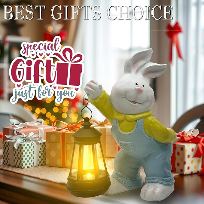 Outdoor Bunny Statue Solar Lantern for Garden Yard Lawn Patio White Rabbit Figurine Decorations Housewarming for Mom Grandma Women