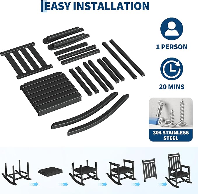 Garvee HDPE Rocking Chair Outdoor Set of 6 - Poly High Back Porch Rocker Chairs for Adults - All Weather Resistant Furniture for Patio Front Porch - Black - Image 5
