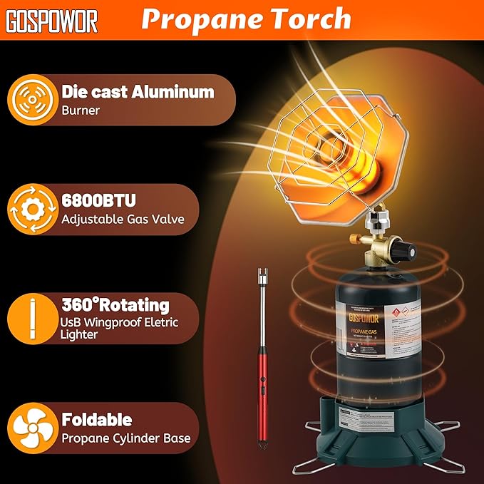 Propane Heater 6200BTU, Camping Portable Outdoor Heater with USB Lighter and Cylinder Stand, for Outdoor Space, Patio, Finshing, Hunting,Open Work(Fuel not included)