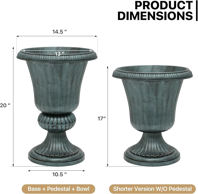 MoNiBloom 20'' Plastic Urn Planter Vase Set of 2, for Outdoor Indoor Plants Garden Patio Vintage Decorative Wedding Pedestal Roman Flower Pot Decoration Retro Home Front Porch Door Decor (Dark Green)