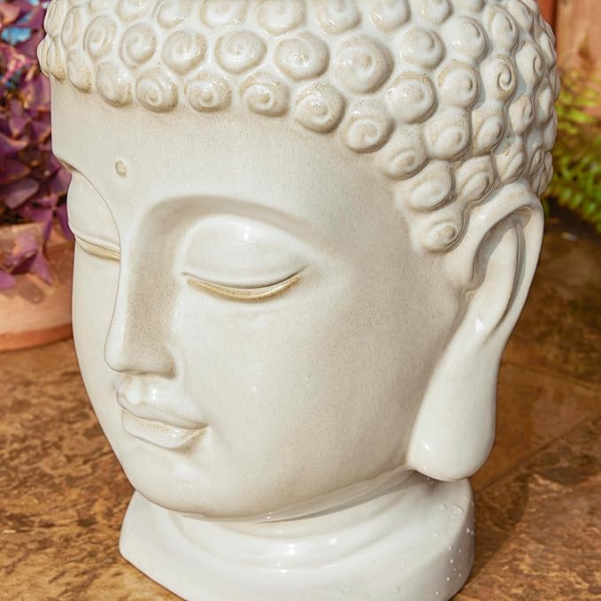 Glitzhome Buddha Head Ceramic Outdoor Fountain with LED Lights, Zen-Style Outdoor Water Fountains for Porch Deck Garden Patio Backyard, Sand Beige Textured Glaze Floor Table Water Fountain, 18.75" H