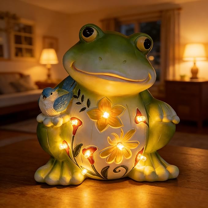 Outdoor Frog Sculptures,Solar Resin Garden Outdoor Statues,Mother's Day Frog Gifts Sculptures Decorations for Home Patio,Yard,Lawn, Porch, Ornament