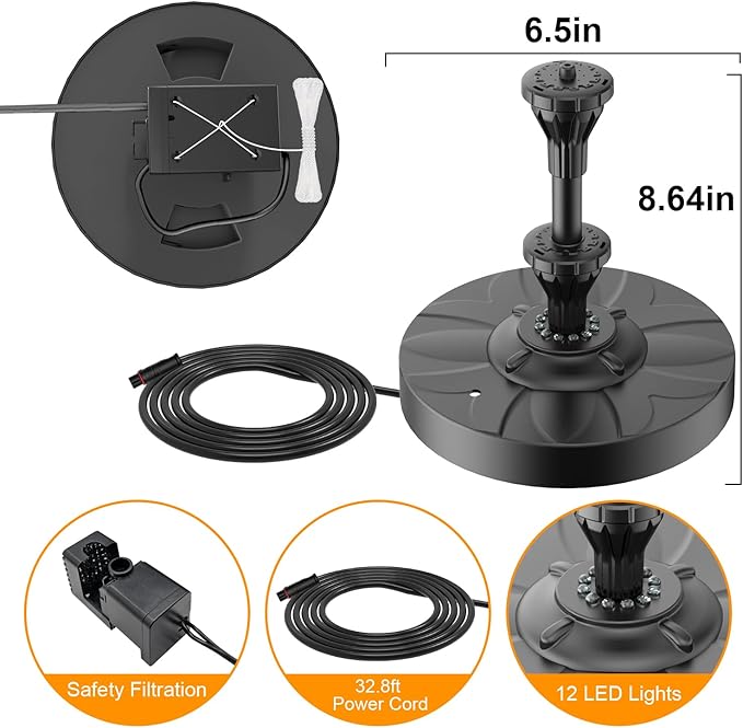 Yzert Small Pond Fountain with 32.8ft Power Cord Adapter, Electric Waterfall Fountain 12 Warm White Lights Outdoor Pool Fountain with Double Tiers
