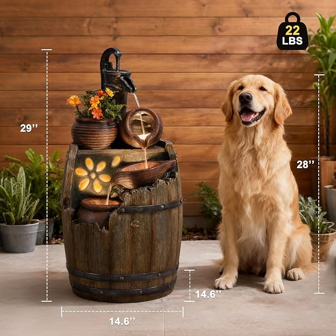 Water Fountain Outdoor 29" H Outside Floor 3 Tiered Rustic Barrel with Light, Pump for Garden, Patio, Deck, Porch, Backyard Home Decor