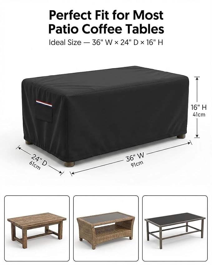Waterproof Rectangular Patio Coffee Table Cover, 600D Heavy Duty Outdoor Furniture Protection Weather UV Resistant for Patio Furniture Protective Garden Table Cover 36 x 24 x 16 inches,Black - Image 3