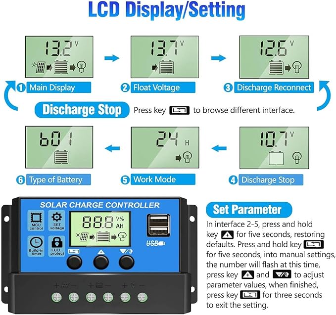 [Upgraded] 30A Solar Charge Controller, 12V/ 24V Solar Panel Regulator with Adjustable LCD Display Dual USB Port Timer Setting PWM Auto Parameter - Image 3