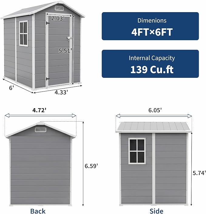 Resin Outdoor Storage Sheds 4x6 ft, Upgraded Double-Wall Outdoor Plastic Shed with Window & Double Doors, Waterproof Lockable Garden Shed (Light Gray, 4 X 6 ft) - Image 3