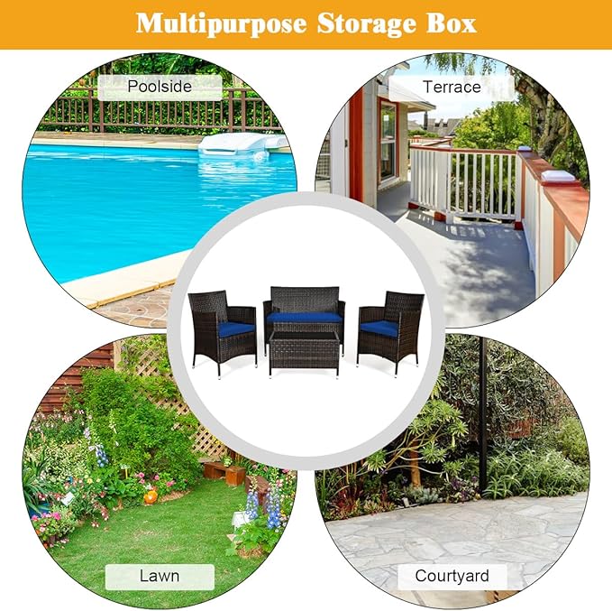 8 Pieces Patio Sofa Set, Wicker Conversation Set with Ergonomic Curved Backrest, Water-Resistant Cushion & Tempered Glass Table for Balcony, Porch (Navy Blue)