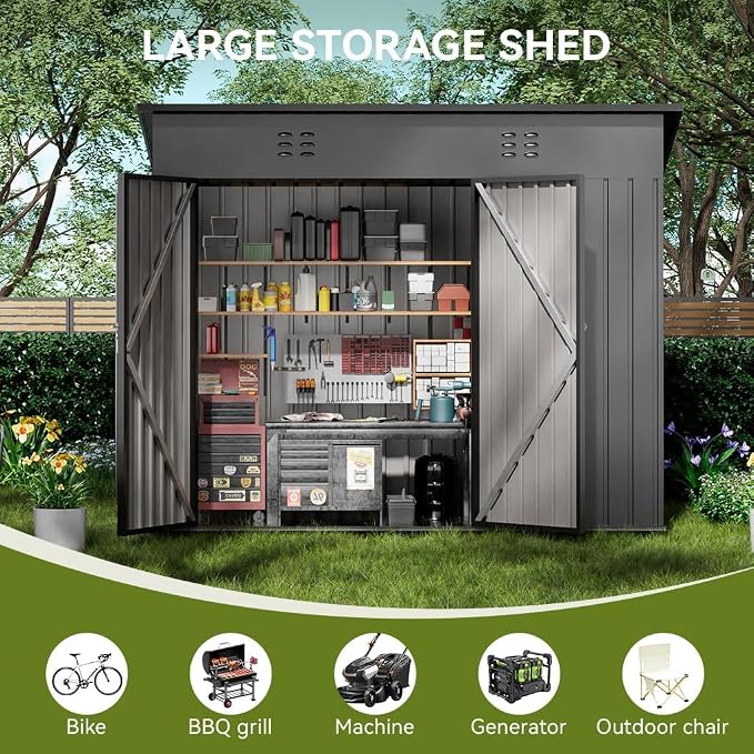 COMHOMA Shed Outdoor Storage Shed Metal,Lockable Doors Tool Sheds with Sloping Roof,Steel Garden Shed with Air Vent for Backyard,Patio,Lawn,Poolside(Grey,8'*4') - Image 4